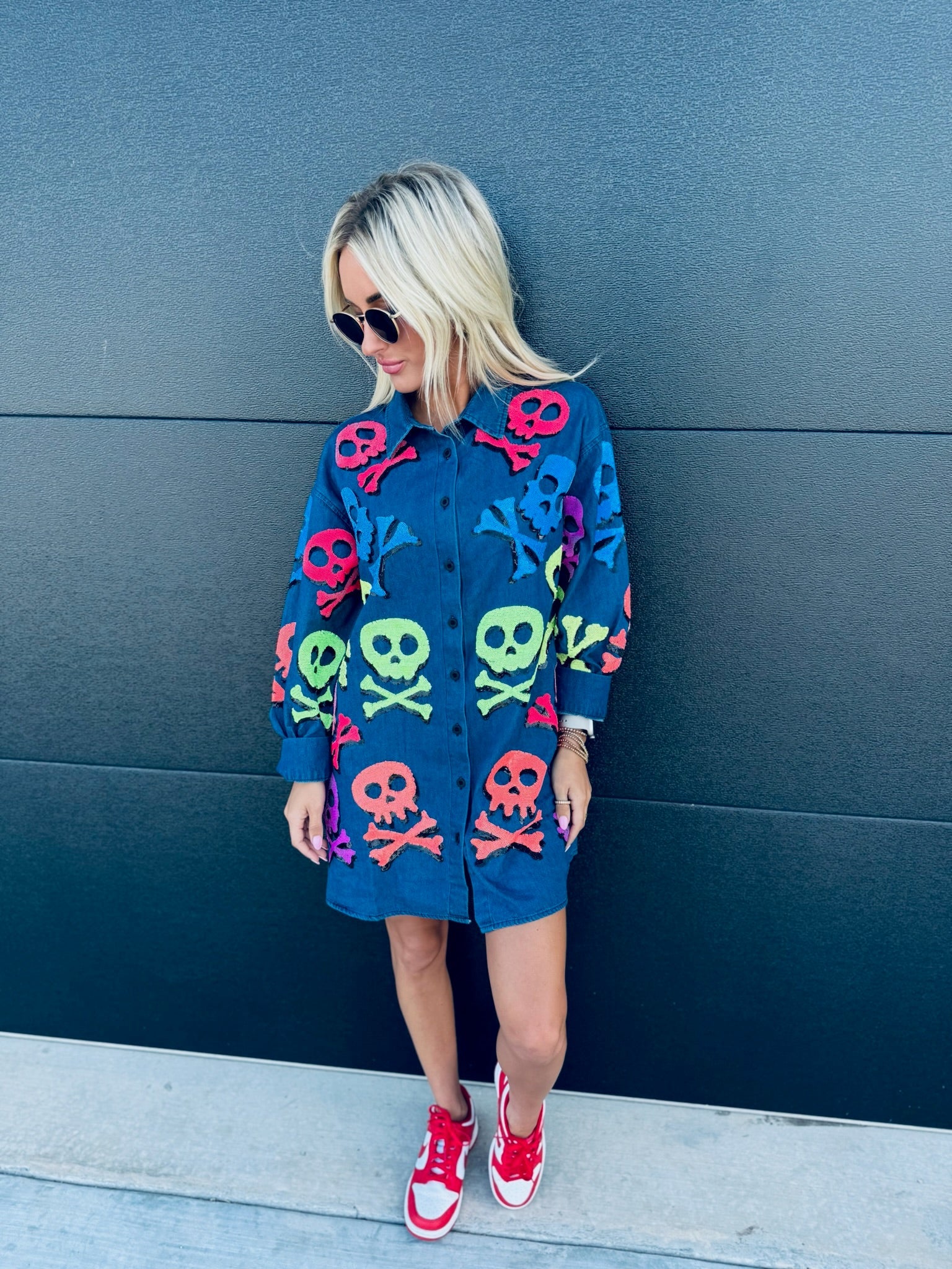 QUEEN OF SPARKLES DENIM SKELETON BUTTON DOWN SHIRT - Tops