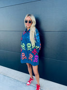 QUEEN OF SPARKLES DENIM SKELETON BUTTON DOWN SHIRT - Tops