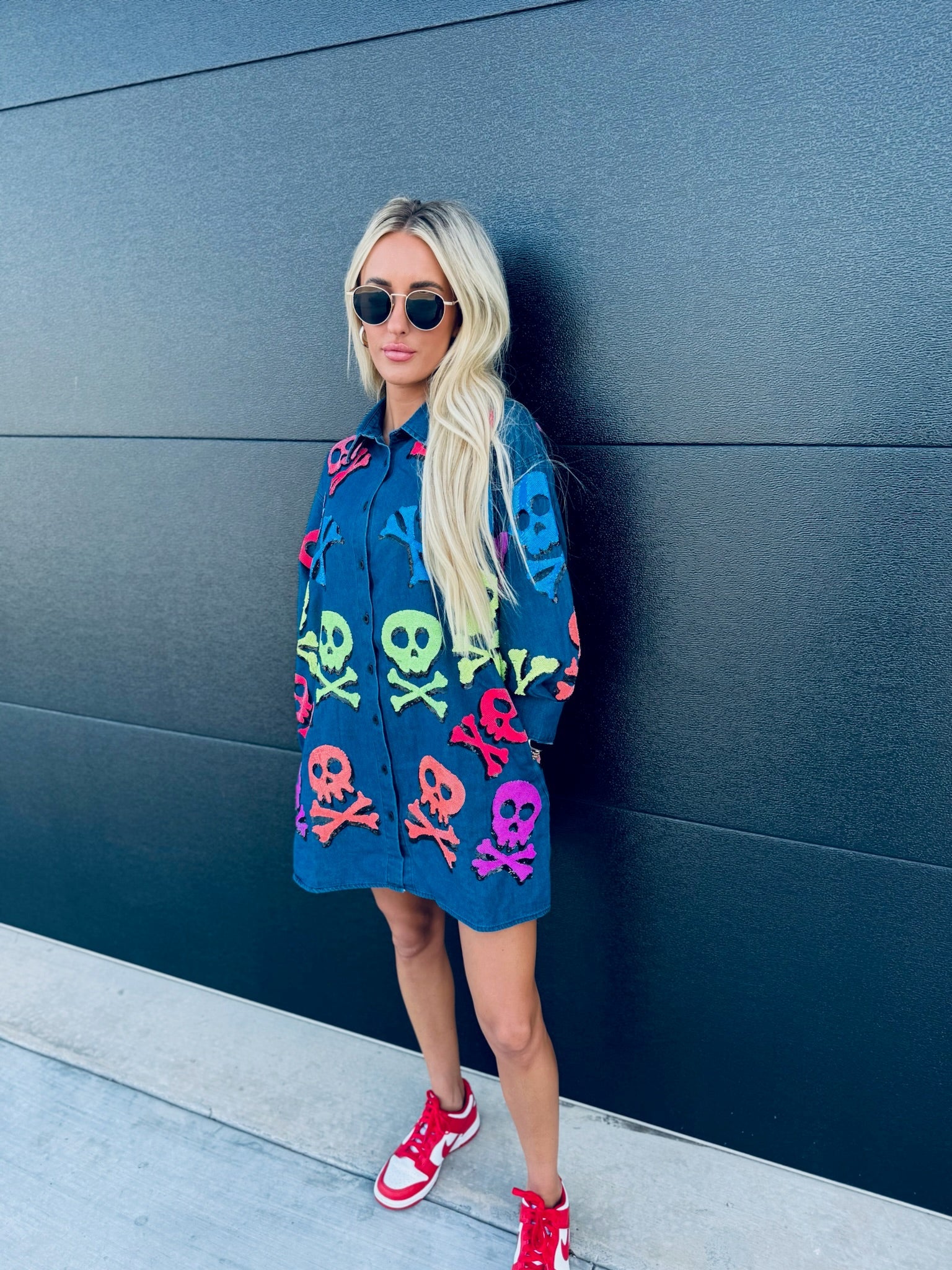 QUEEN OF SPARKLES DENIM SKELETON BUTTON DOWN SHIRT - Tops