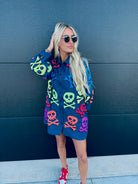 QUEEN OF SPARKLES DENIM SKELETON BUTTON DOWN SHIRT - Tops