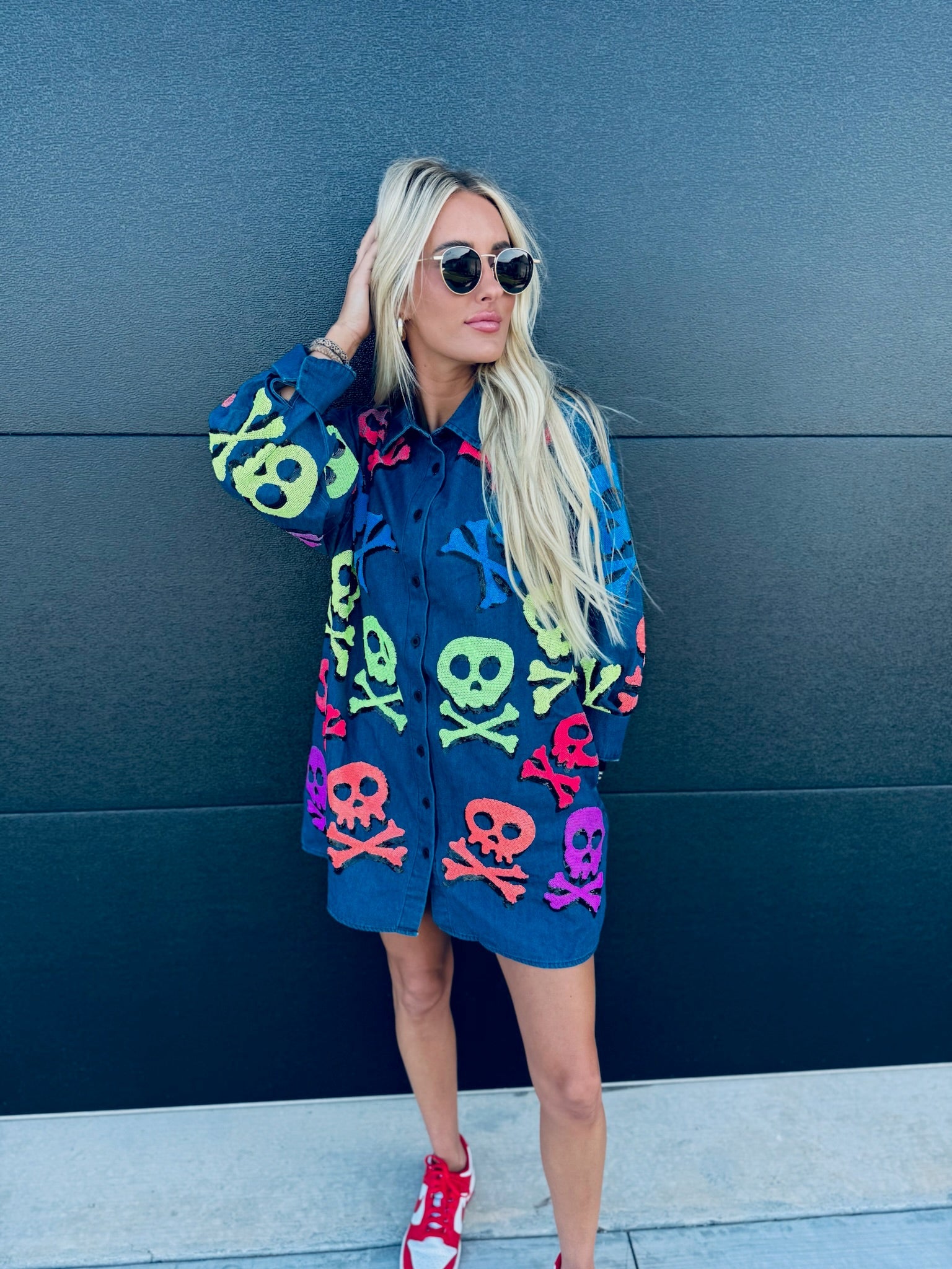 QUEEN OF SPARKLES DENIM SKELETON BUTTON DOWN SHIRT - Tops