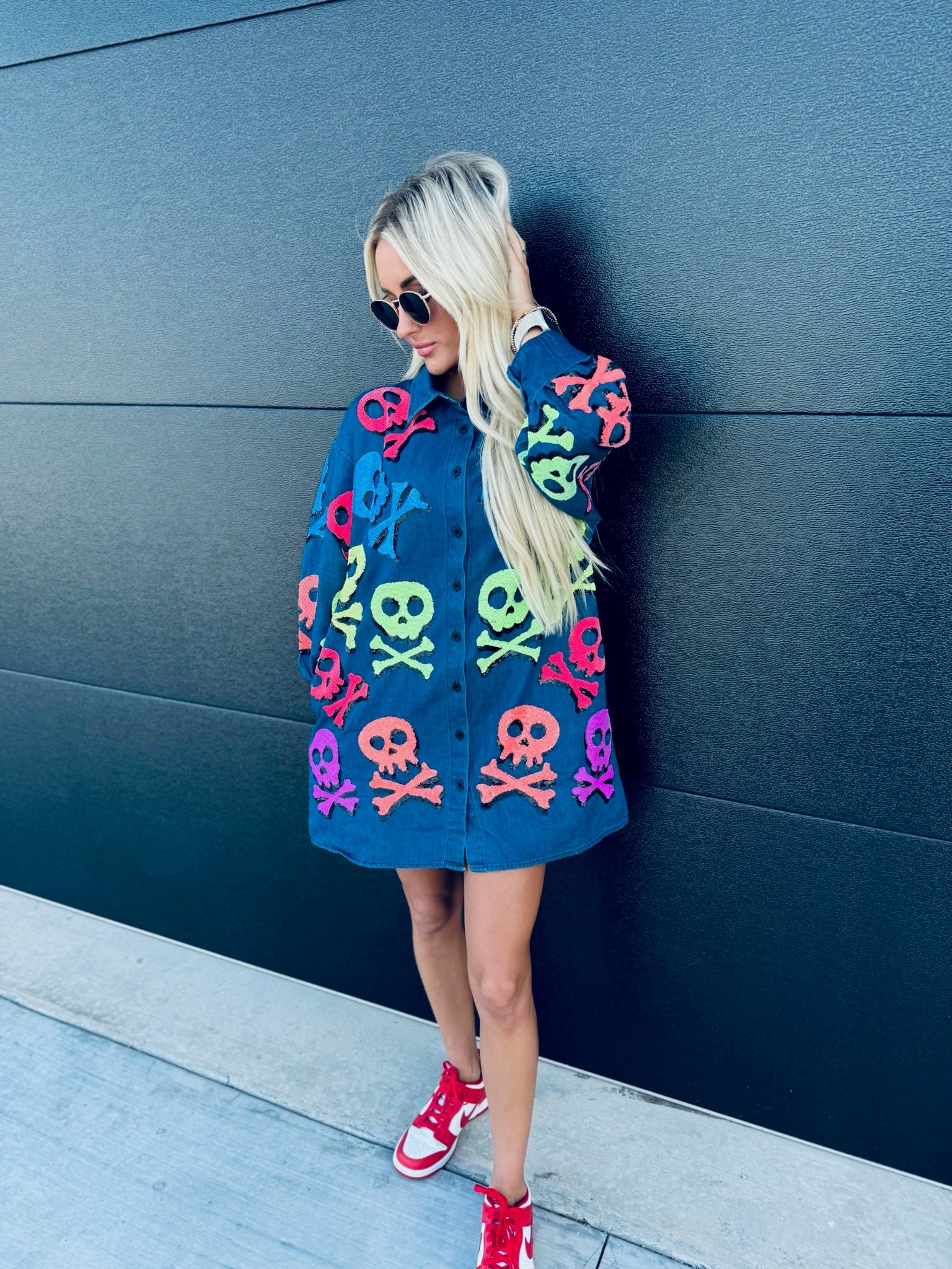 QUEEN OF SPARKLES DENIM SKELETON BUTTON DOWN SHIRT - Tops