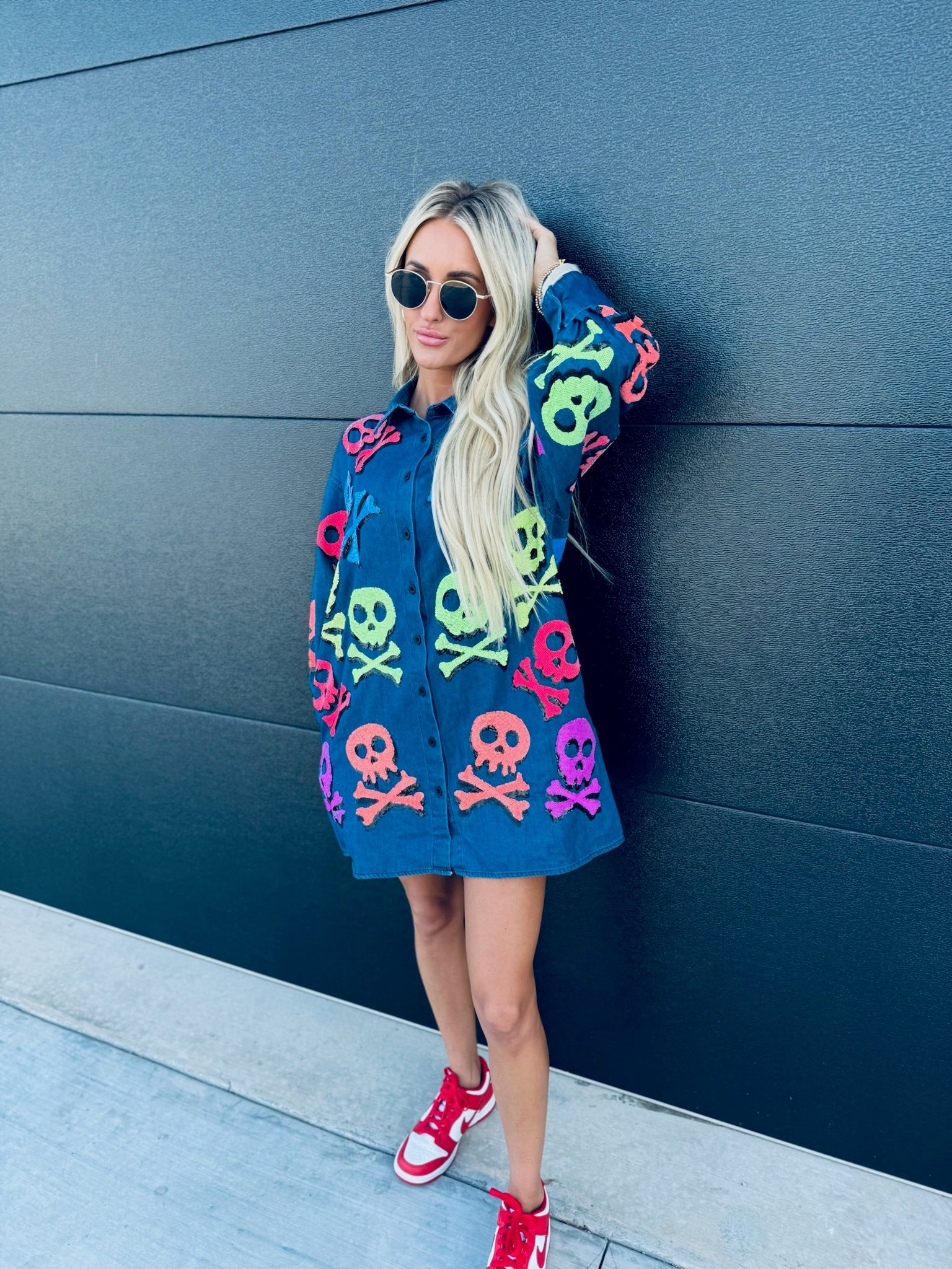 QUEEN OF SPARKLES DENIM SKELETON BUTTON DOWN SHIRT - Tops