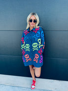 QUEEN OF SPARKLES DENIM SKELETON BUTTON DOWN SHIRT - Tops