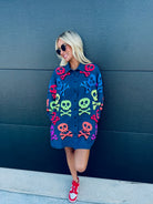 QUEEN OF SPARKLES DENIM SKELETON BUTTON DOWN SHIRT - Tops