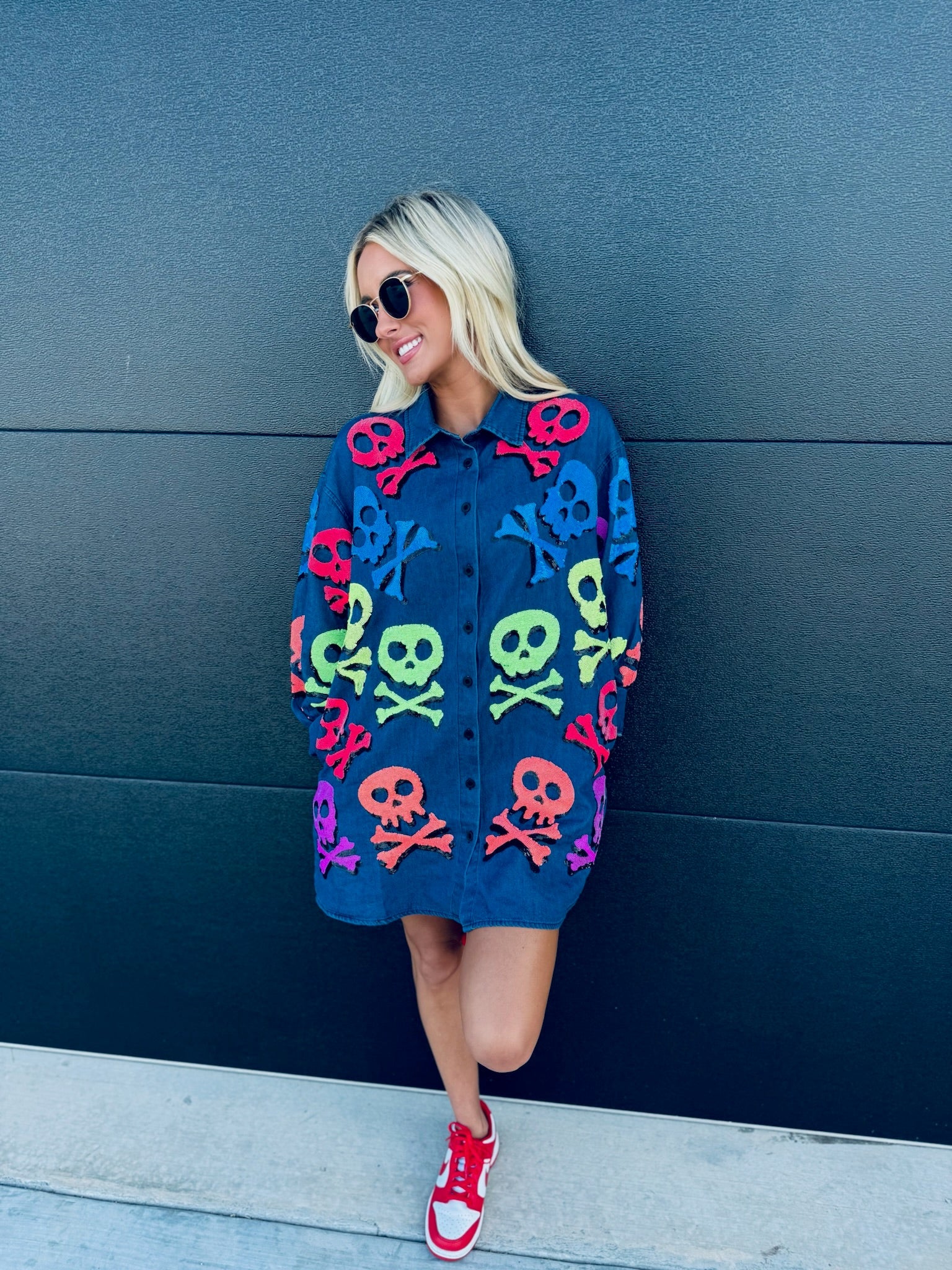 QUEEN OF SPARKLES DENIM SKELETON BUTTON DOWN SHIRT - Tops