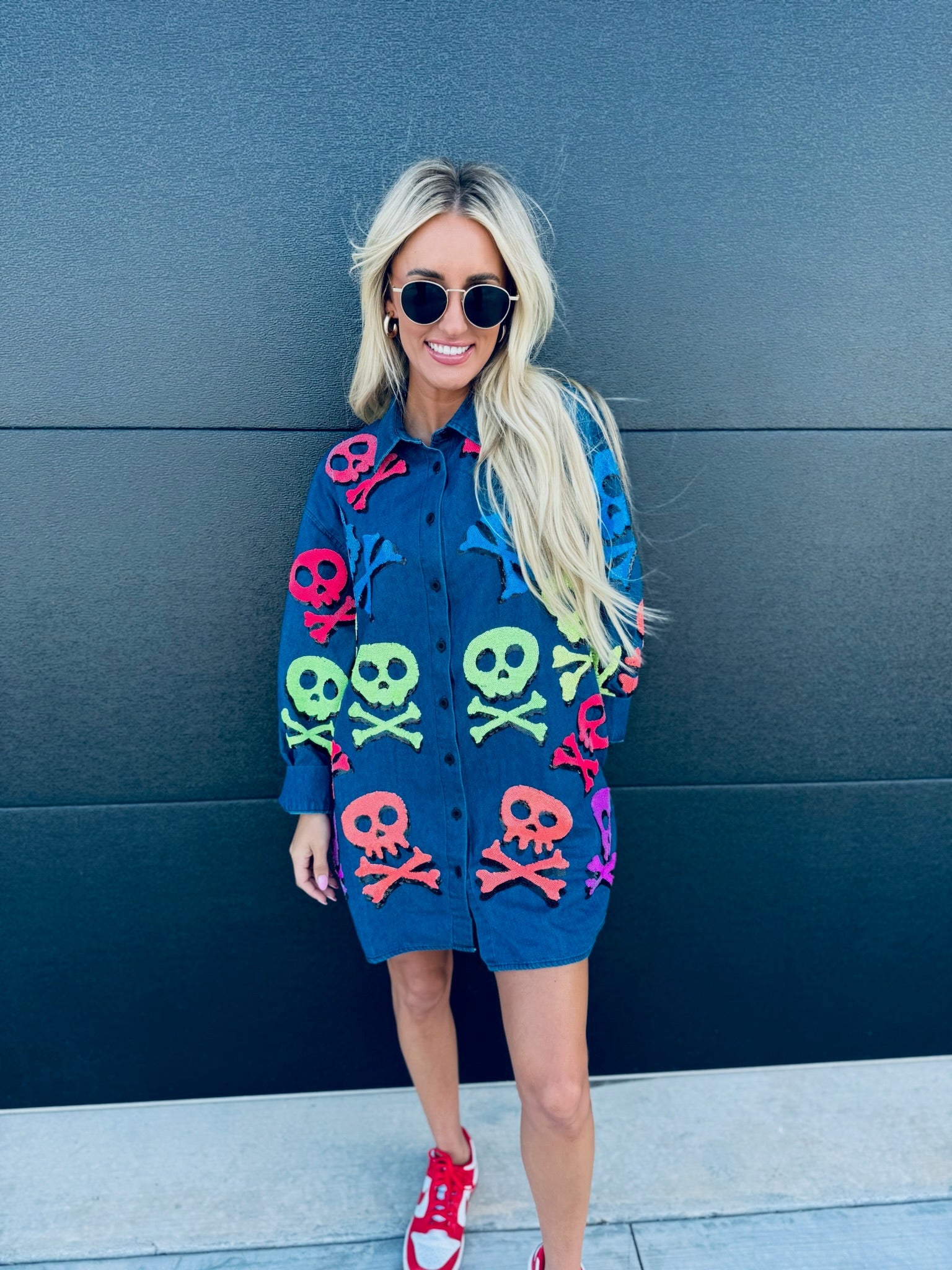 QUEEN OF SPARKLES DENIM SKELETON BUTTON DOWN SHIRT - Tops