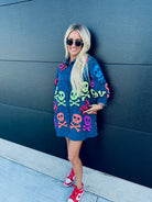 QUEEN OF SPARKLES DENIM SKELETON BUTTON DOWN SHIRT - Tops