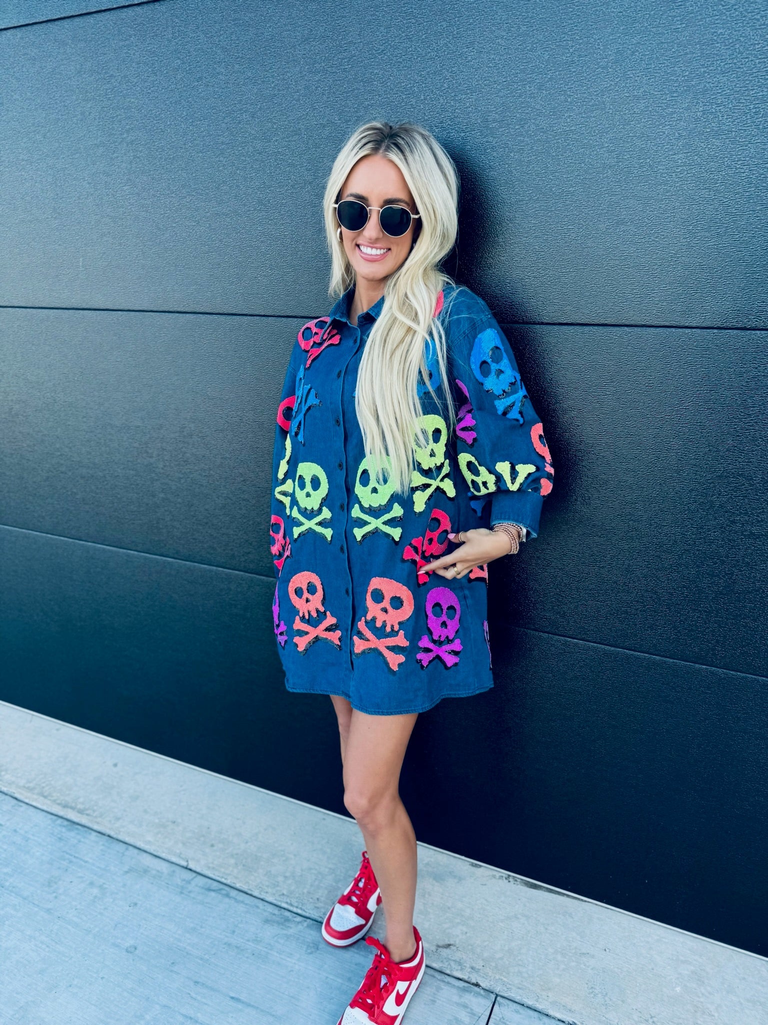 QUEEN OF SPARKLES DENIM SKELETON BUTTON DOWN SHIRT - Tops