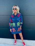 QUEEN OF SPARKLES DENIM SKELETON BUTTON DOWN SHIRT - Tops