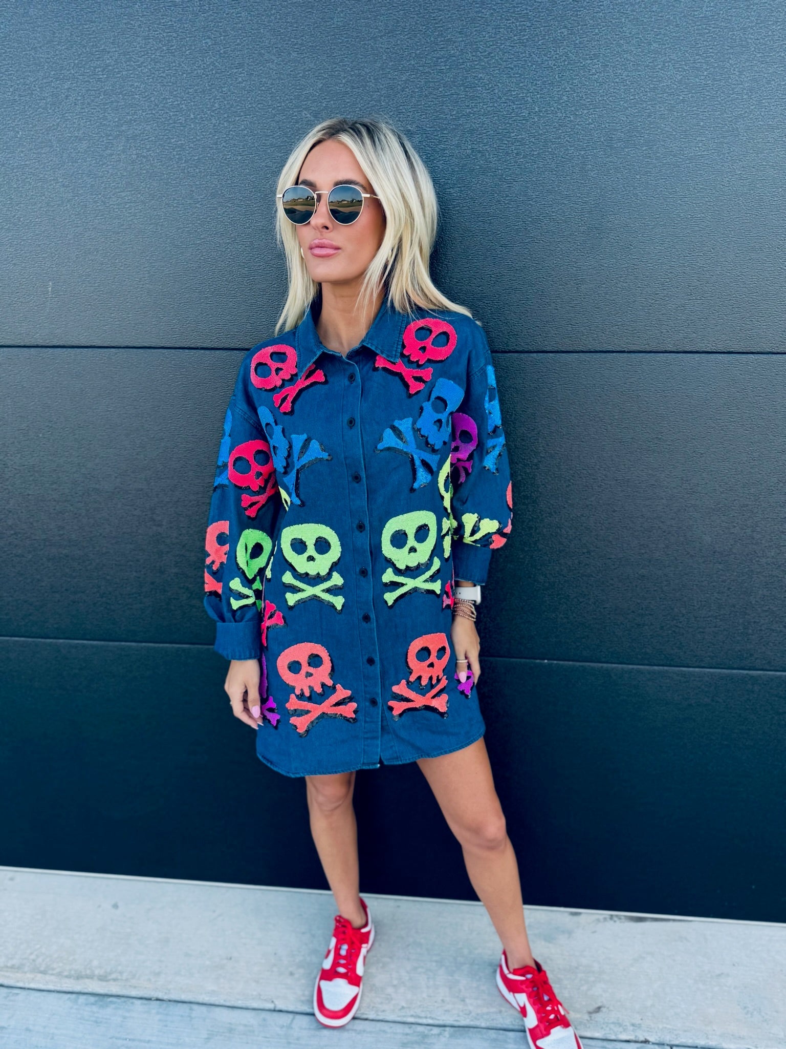 QUEEN OF SPARKLES DENIM SKELETON BUTTON DOWN SHIRT - Tops