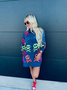 QUEEN OF SPARKLES DENIM SKELETON BUTTON DOWN SHIRT - Tops