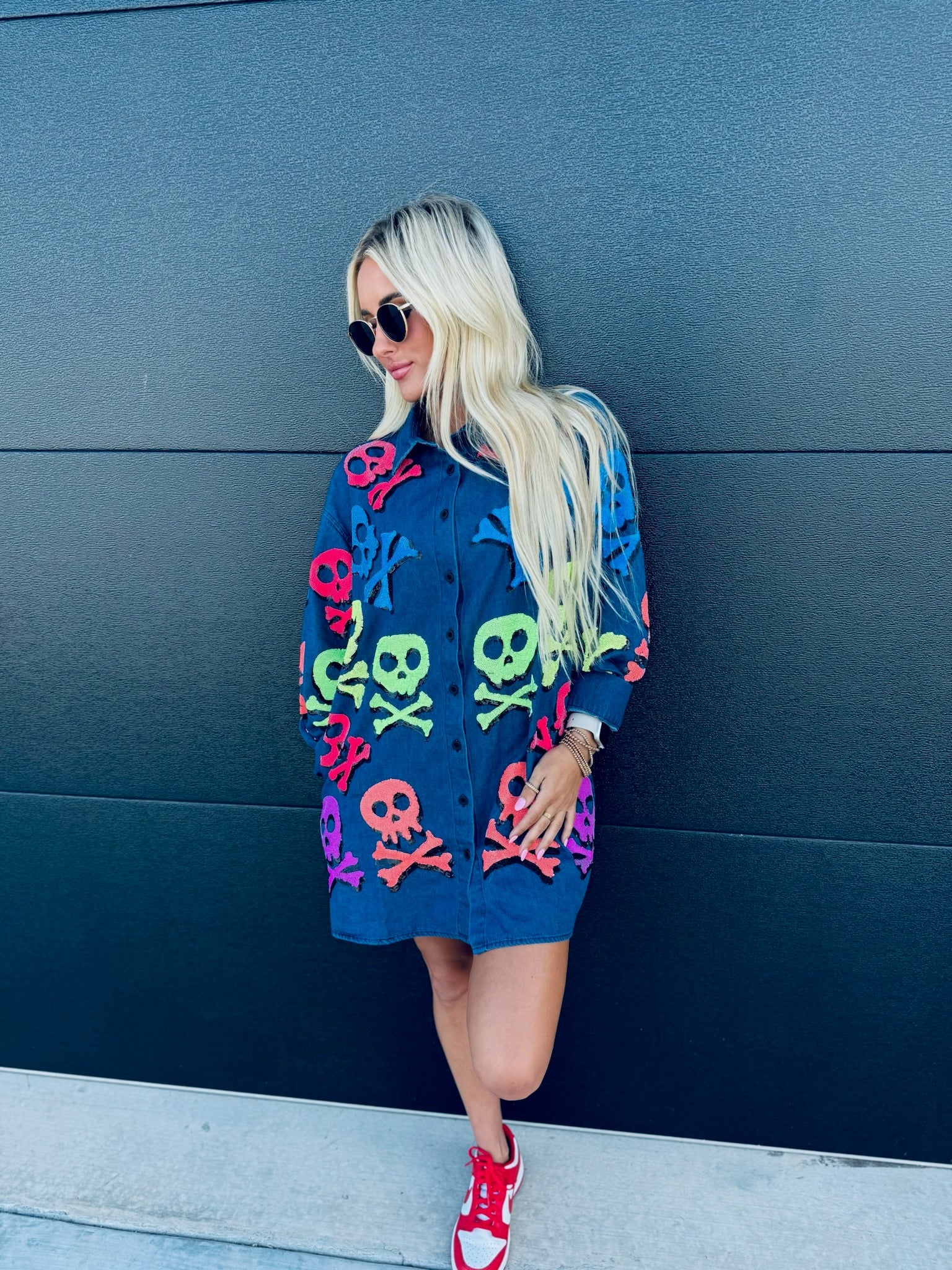 QUEEN OF SPARKLES DENIM SKELETON BUTTON DOWN SHIRT - Tops