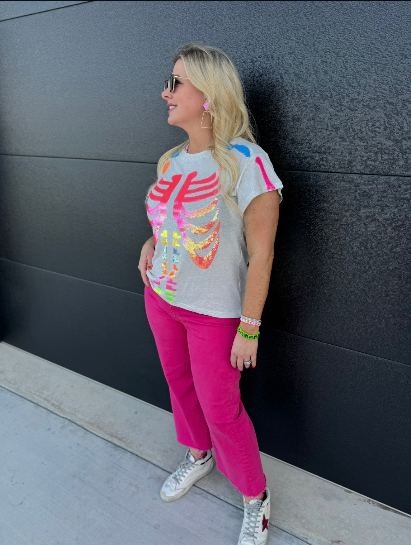 QUEEN OF SPARKLES GREY MULTI SKELETON TEE - Tops