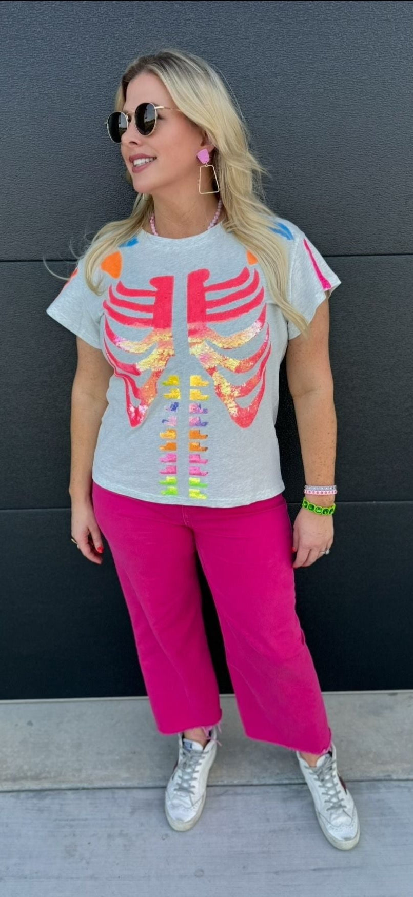 QUEEN OF SPARKLES GREY MULTI SKELETON TEE - Tops