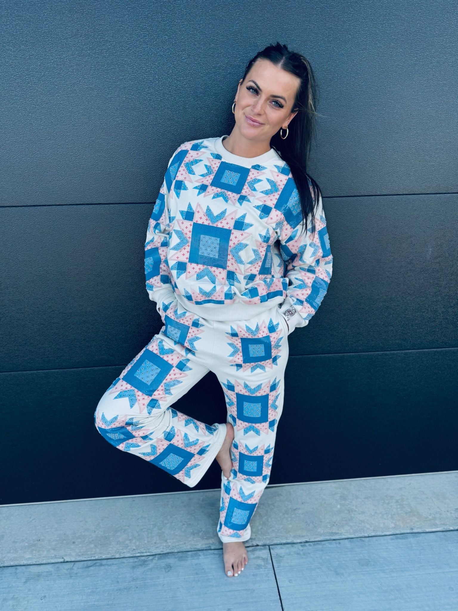 QUEEN OF SPARKLES IVORY,BLUE & LIGHT PINK PATCH SWEAT PANT - Bottoms