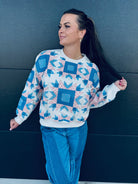 QUEEN OF SPARKLES IVORY BLUE & LIGHT PINK PATCHWORK SWEATSHIRT - Tops