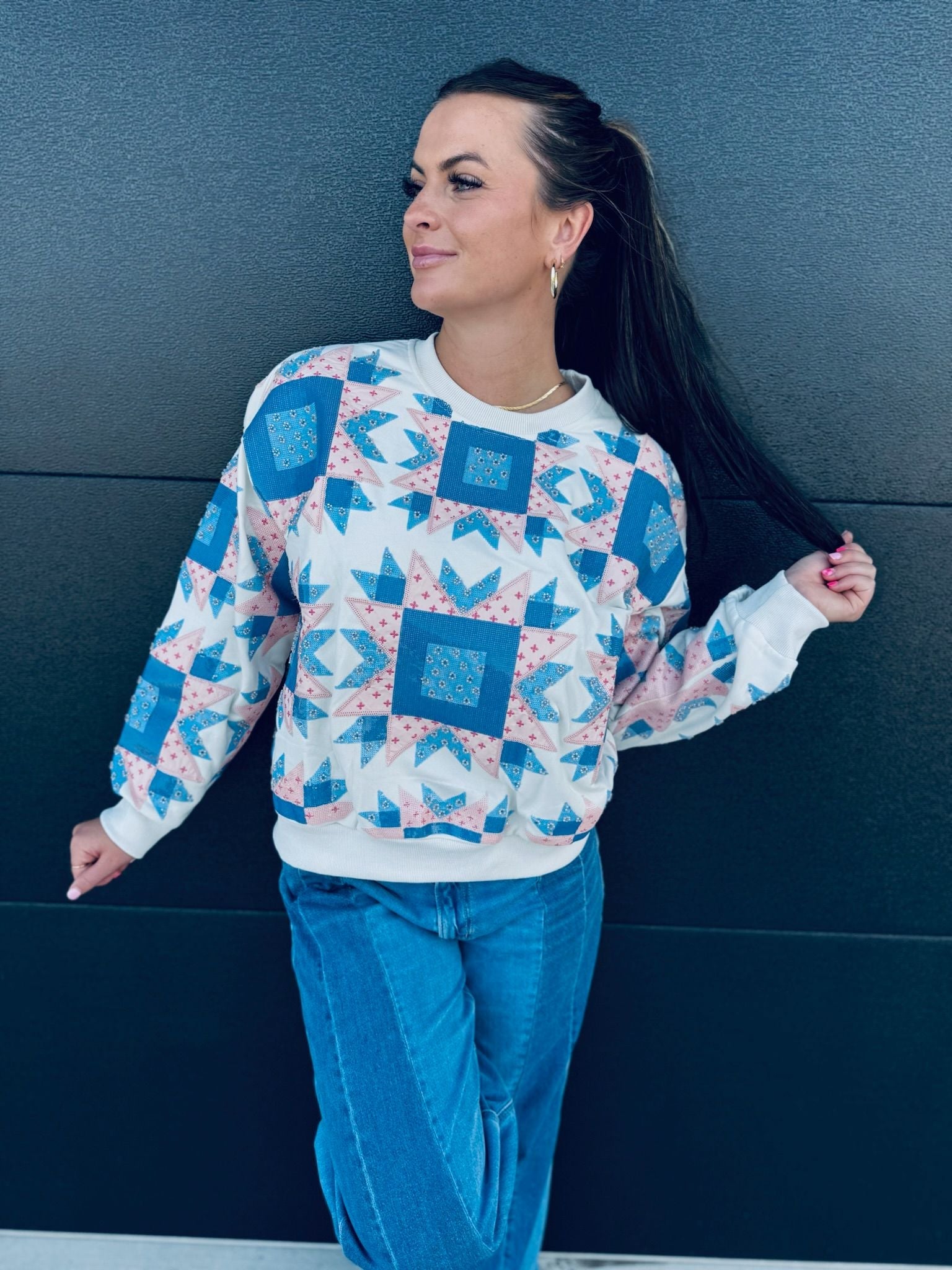 QUEEN OF SPARKLES IVORY BLUE & LIGHT PINK PATCHWORK SWEATSHIRT - Tops