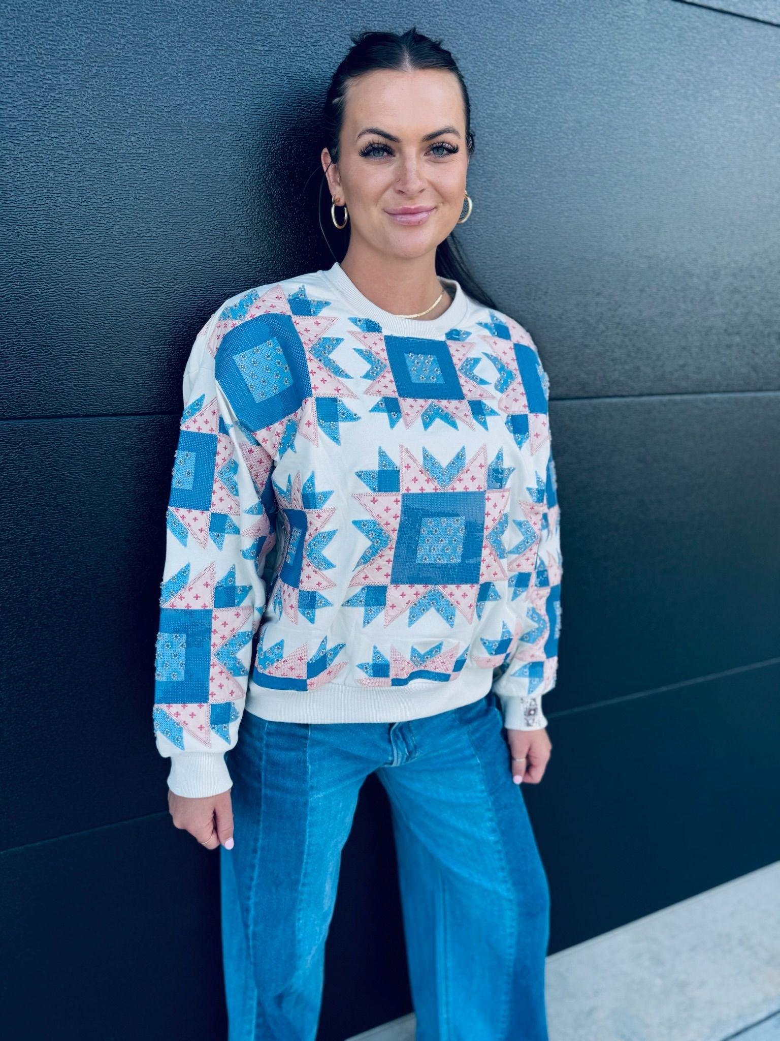 QUEEN OF SPARKLES IVORY BLUE & LIGHT PINK PATCHWORK SWEATSHIRT - Tops