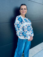 QUEEN OF SPARKLES IVORY BLUE & LIGHT PINK PATCHWORK SWEATSHIRT - Tops