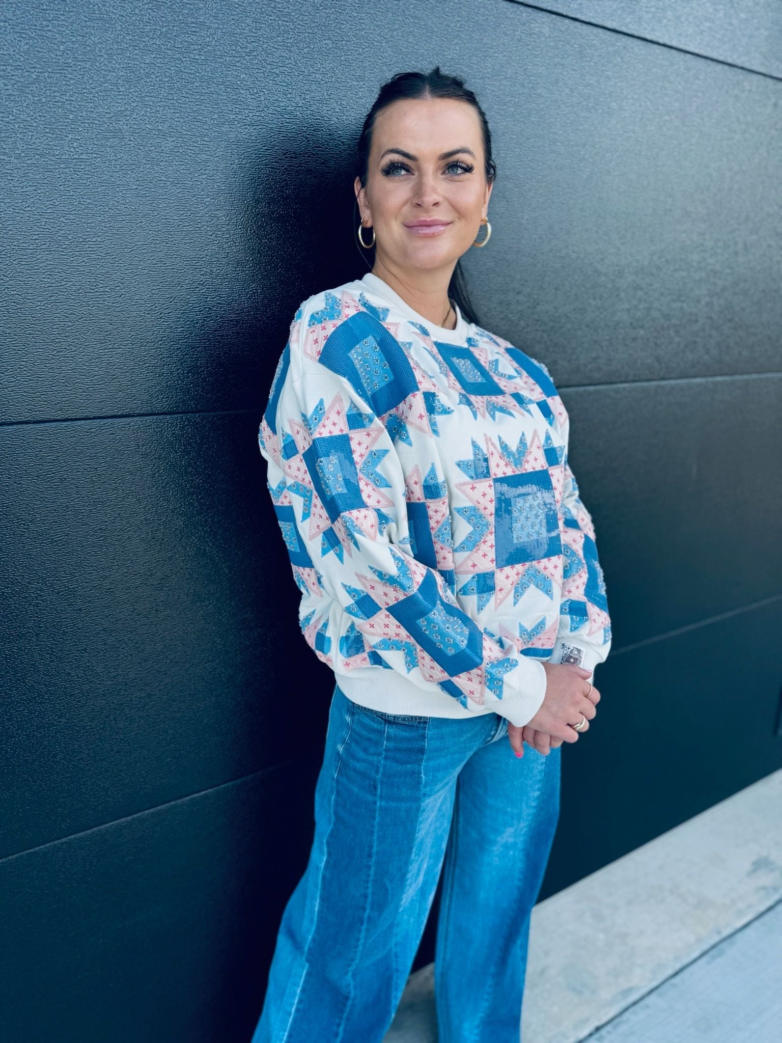 QUEEN OF SPARKLES IVORY BLUE & LIGHT PINK PATCHWORK SWEATSHIRT - Tops