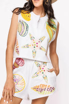 Trendy and relaxed fit Queen of Sparkles White Multi Shell Tank, featuring a sleeveless design and lightweight breathable fabric, ideal for coastal chic looks.
