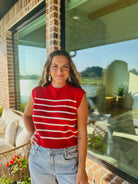 RED AND CREAM STRIPED SLEEVELESS SWEATER - Tops