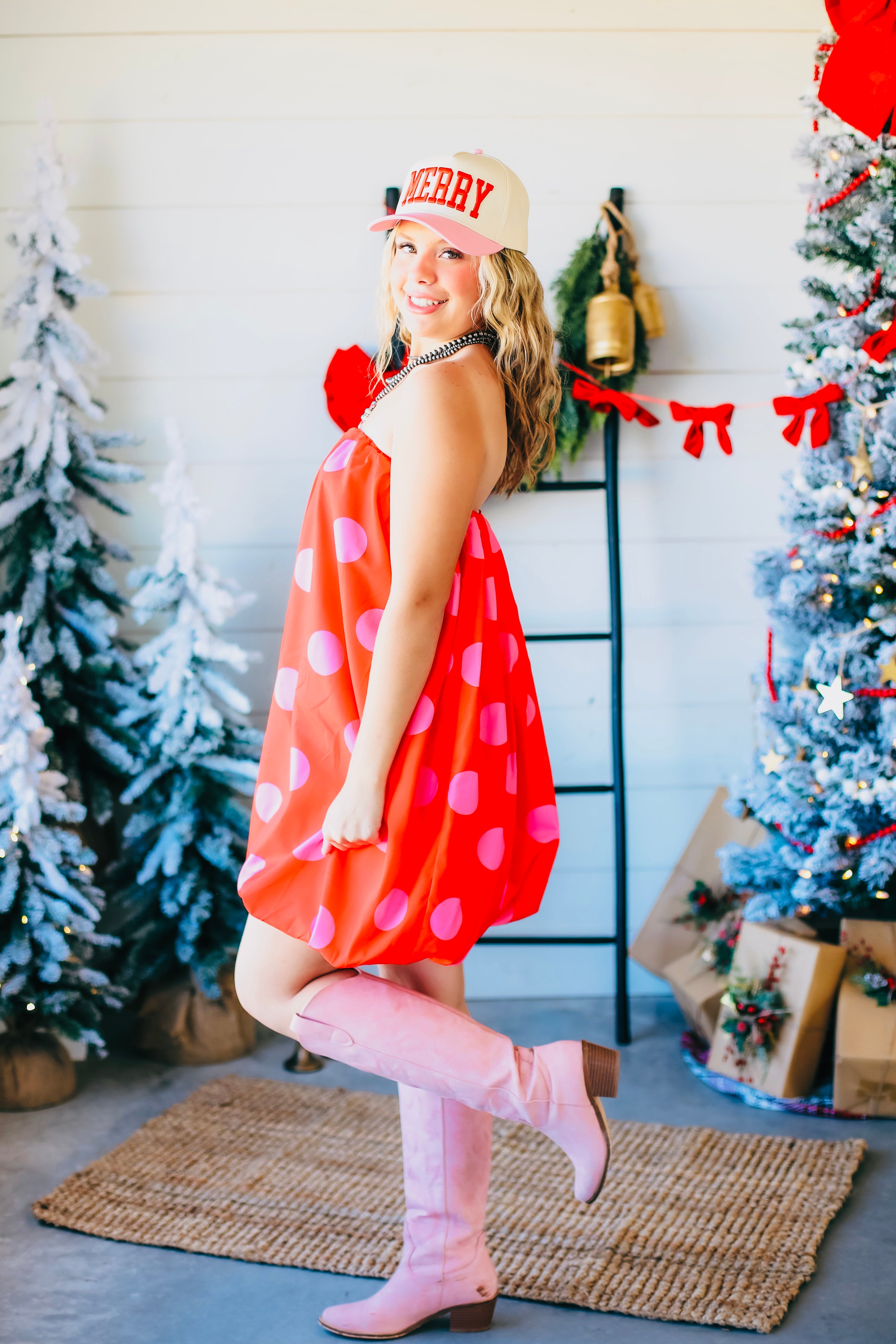 RED AND PINK POLKA DOT STRAPLESS BUBBLE DRESS - Dress