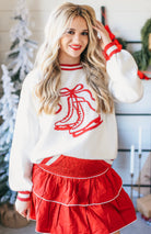 RED AND WHITE HOLIDAY ICE SKATES KNIT SWEATER - Tops