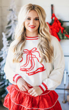 RED AND WHITE HOLIDAY ICE SKATES KNIT SWEATER - Tops