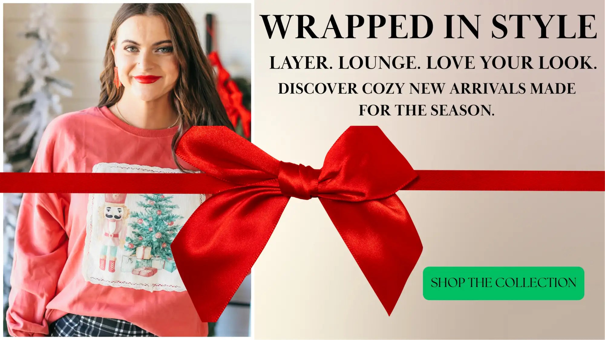 Red holiday-themed sweatshirt with christmas tree and reindeer design, made of soft cotton blend material.