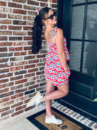 Red, White and Blue Floral Matching Short Set top featuring adjustable tie straps and scalloped neckline for a stylish 4th of July look.