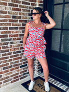 Close-up of the elastic back of the Red, White and Blue Floral Matching Short Set for added comfort and flexibility.