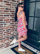 Flat lay of the Red, White and Blue Floral Matching Short Set highlighting the vibrant floral pattern and comfortable elastic waistband shorts.