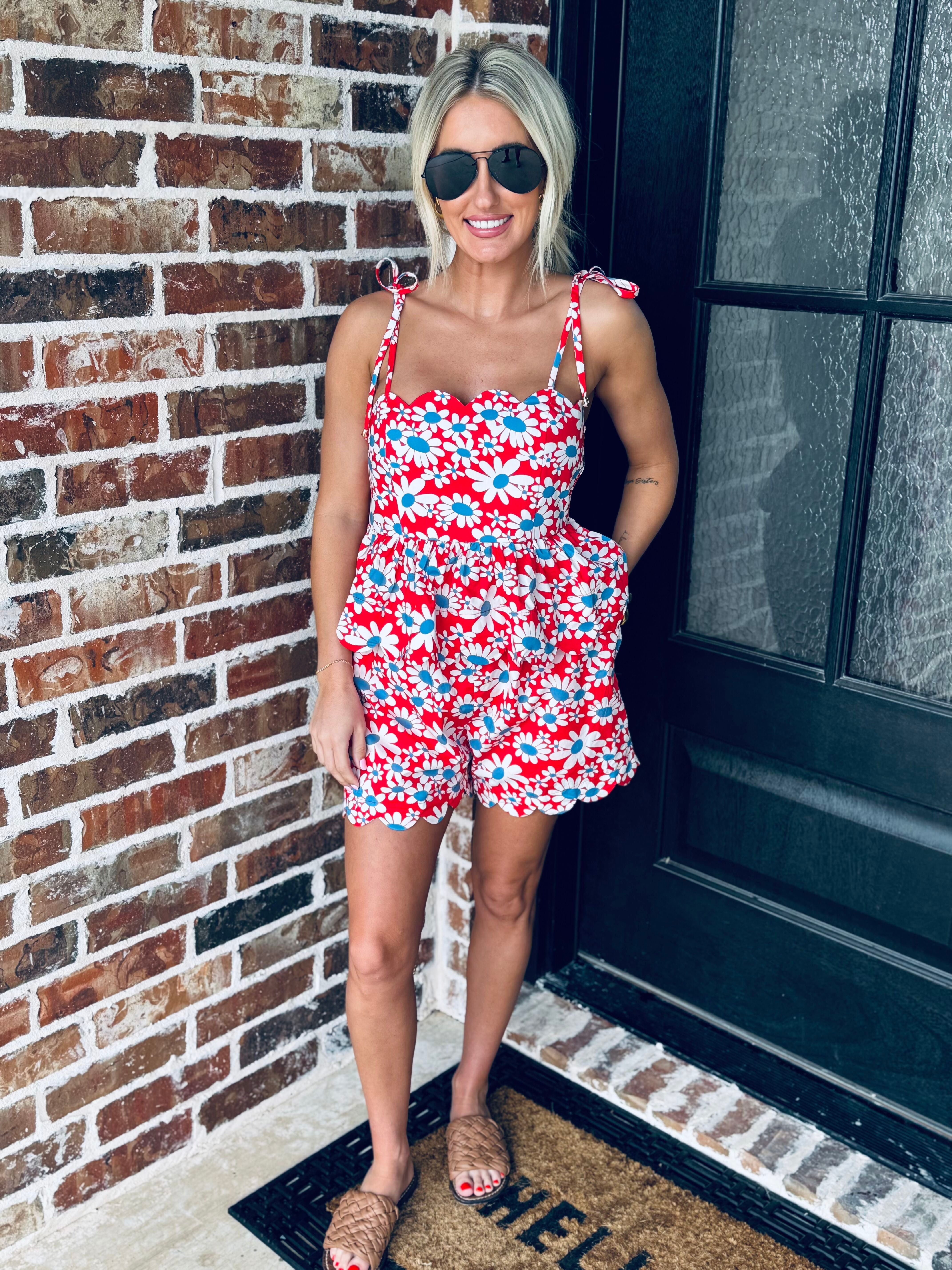 Full view of the Red, White and Blue Floral Matching Short Set styled with accessories for a festive daytime outfit.