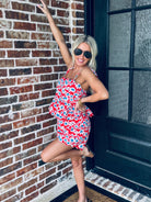 Stylish Red, White and Blue Floral Matching Short Set featuring a tie-strap top and elastic waistband shorts, perfect for July 4th celebrations and summer outings.