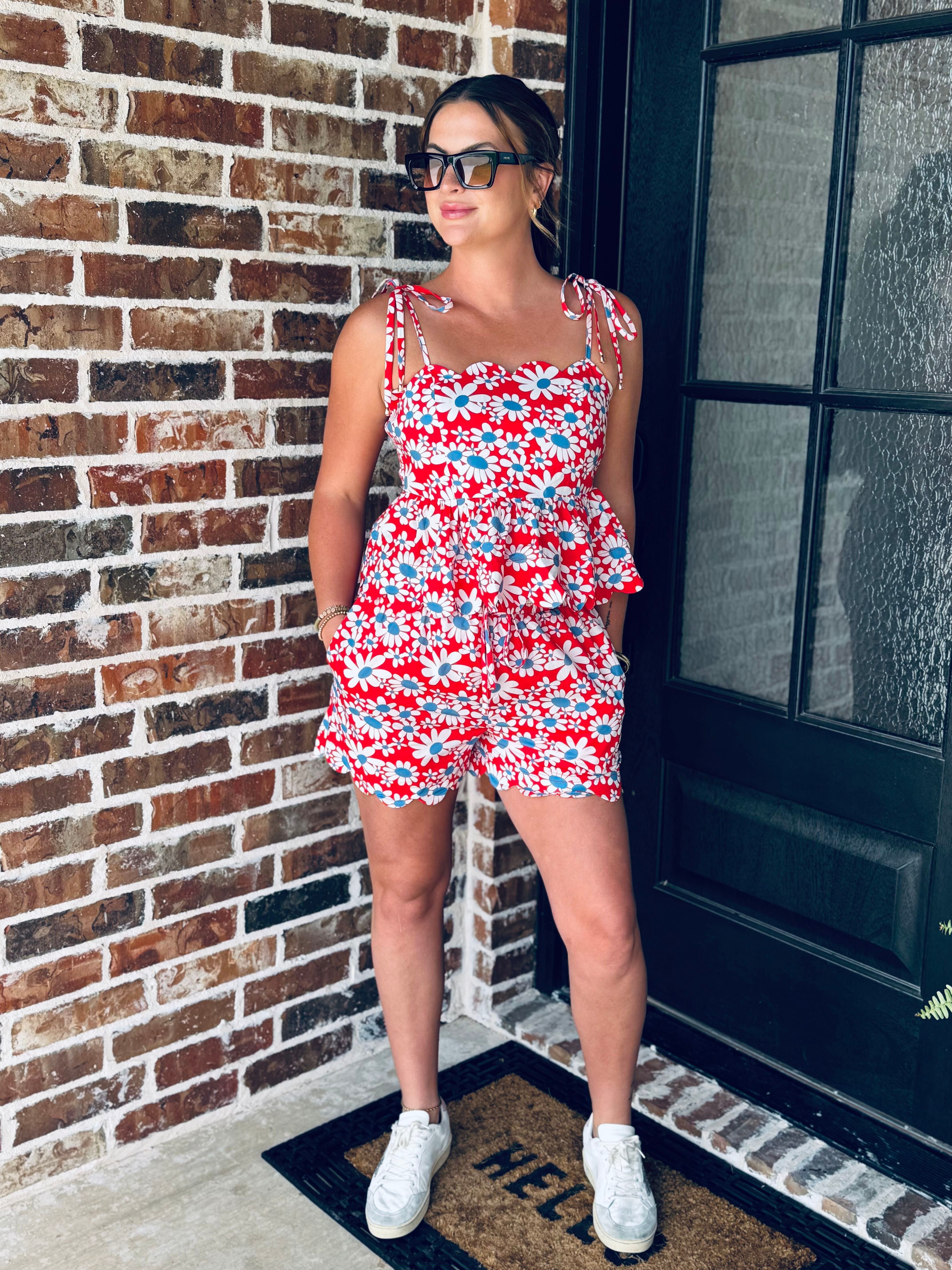 Matching shorts of the Red, White and Blue Floral Short Set showcasing an elastic waistband and adjustable drawstring tie.