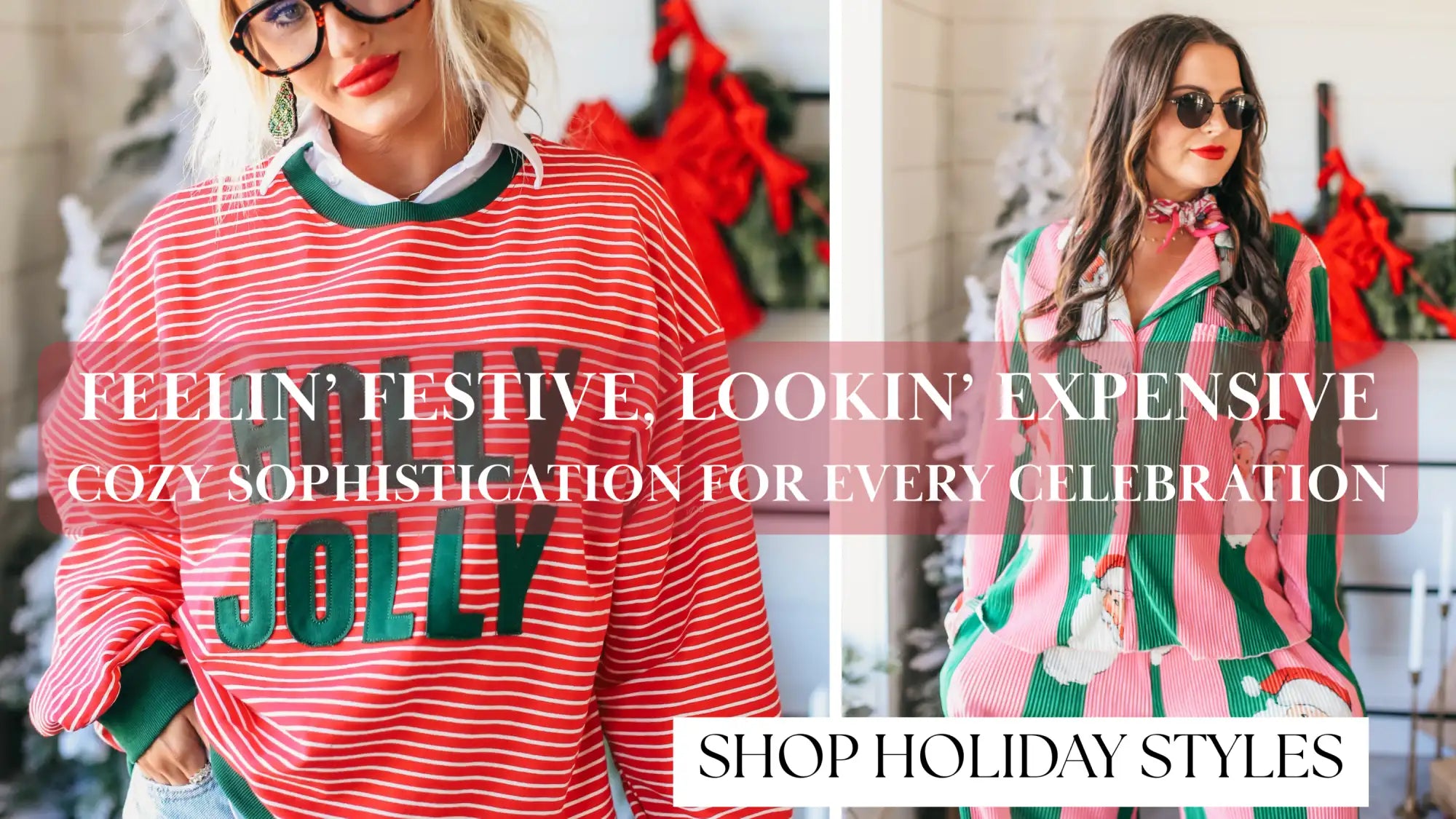 Red and white striped holiday sweater with ’merry jolly’ text, cozy material.