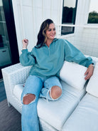 SLATE BLUE HALF ZIP SWEATER - Tops