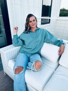 SLATE BLUE HALF ZIP SWEATER - Tops