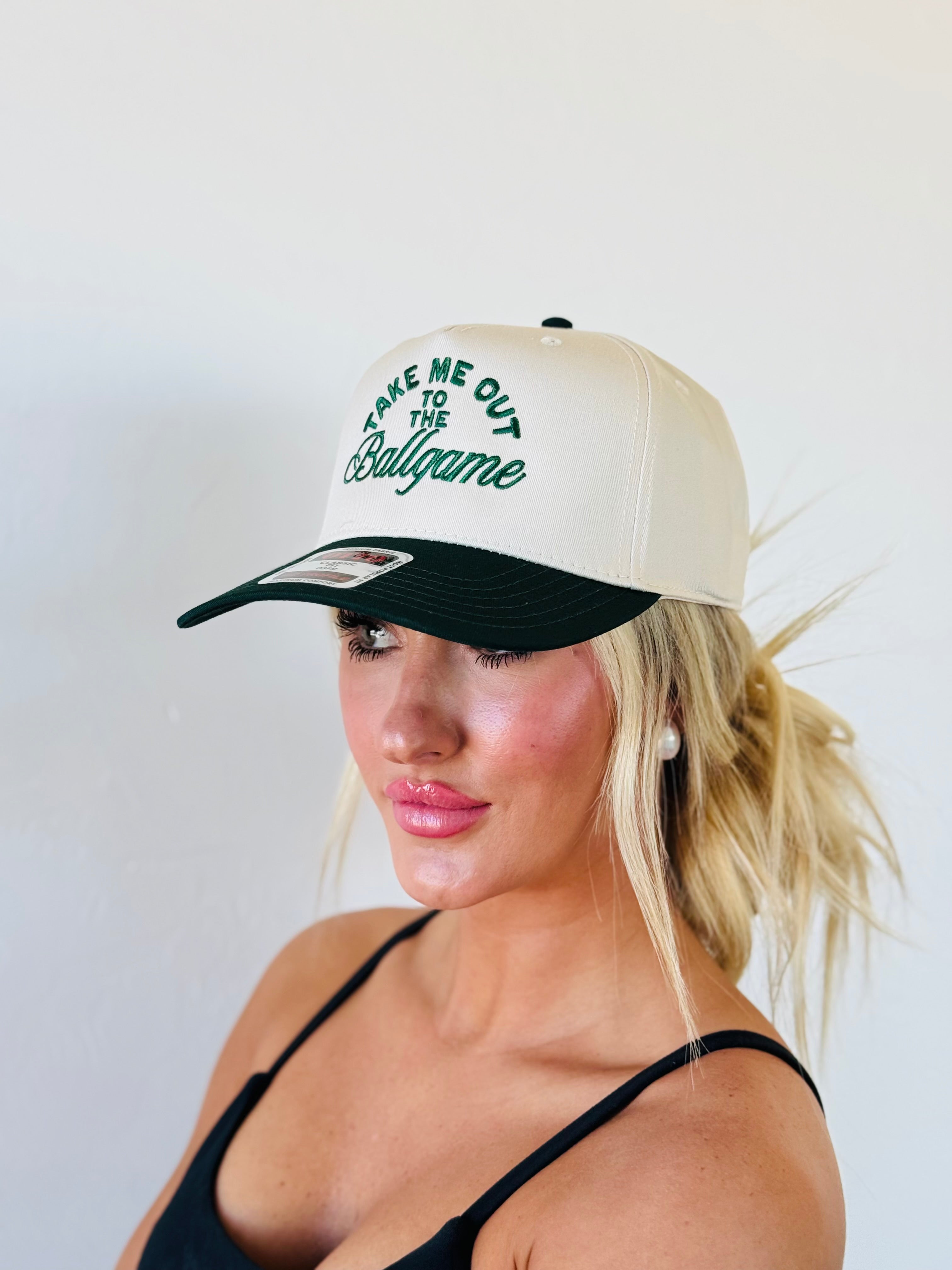 Close-up of TAKE ME OUT TO THE BALLGAME TRUCKER HAT showcasing the quality craftsmanship by Otto.