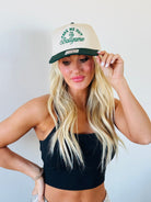 Side angle of the TAKE ME OUT TO THE BALLGAME TRUCKER HAT, highlighting its trendy and bold fashion for outdoor events.
