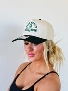 TAKE ME OUT TO THE BALLGAME TRUCKER HAT in stylish green and natural design, perfect for baseball lovers.