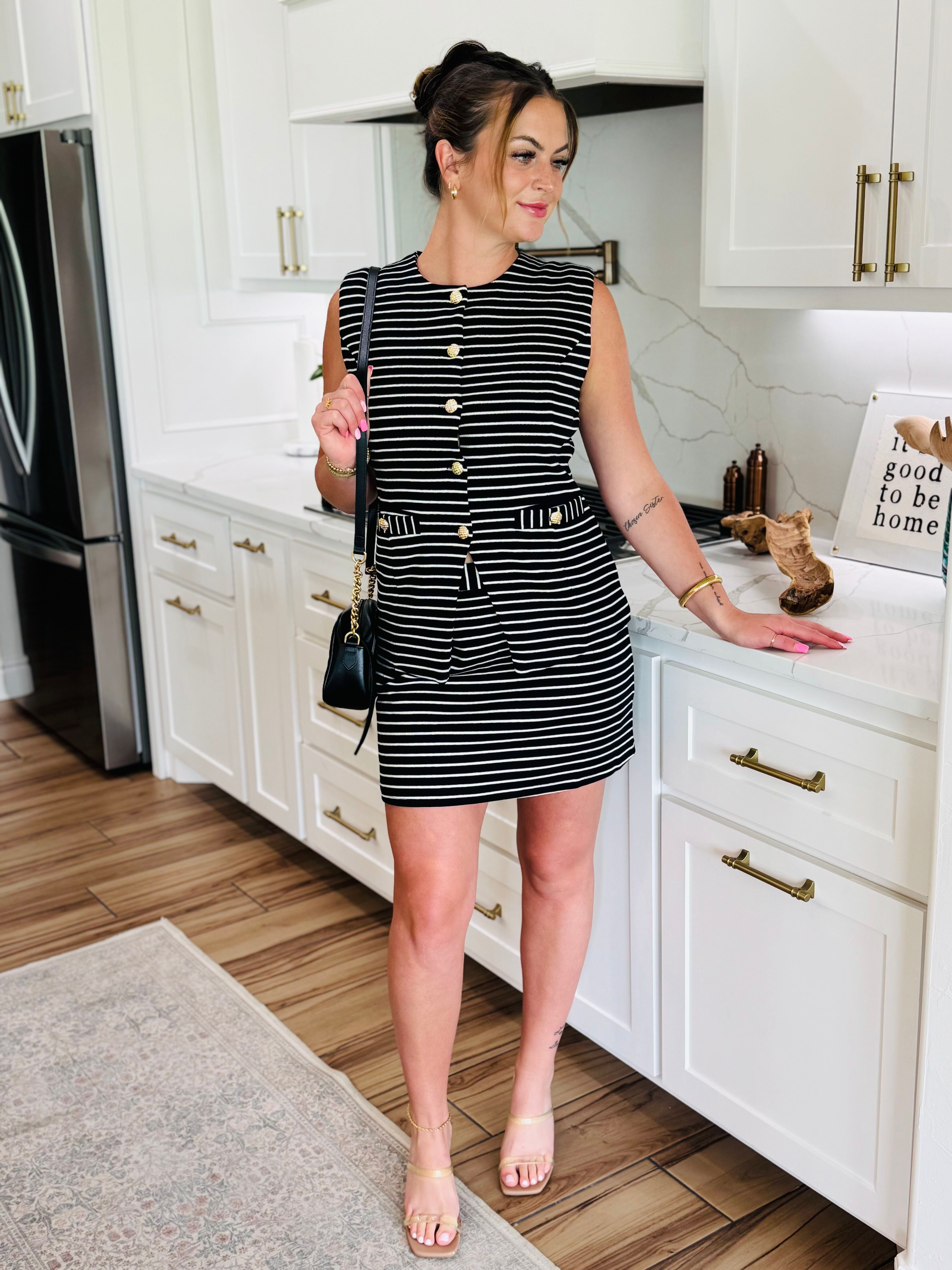 Front view of the Striped Knit Tailored Matching Skirt Set featuring sophisticated striped design and tailored look perfect for brunch or the office.