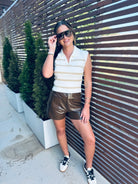 TAUPE AND CREAM COLLAR STRIPED POLO VEST - Tops