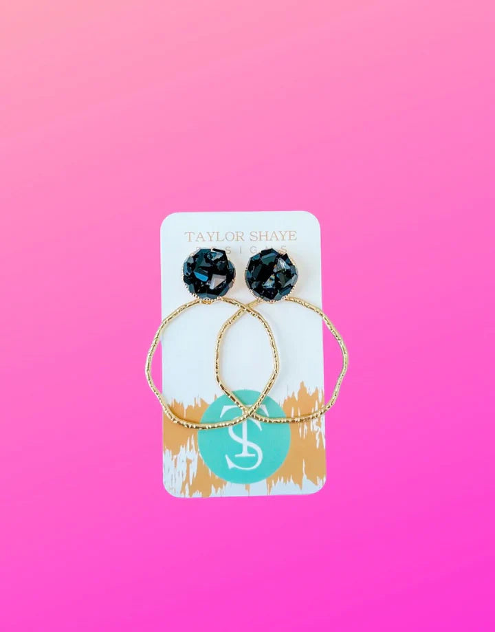 Stylish GLASS TOP HOOP EARRINGS-BLACK by Taylor Shaye, featuring lightweight design and colorful glass accents, perfect for any occasion.