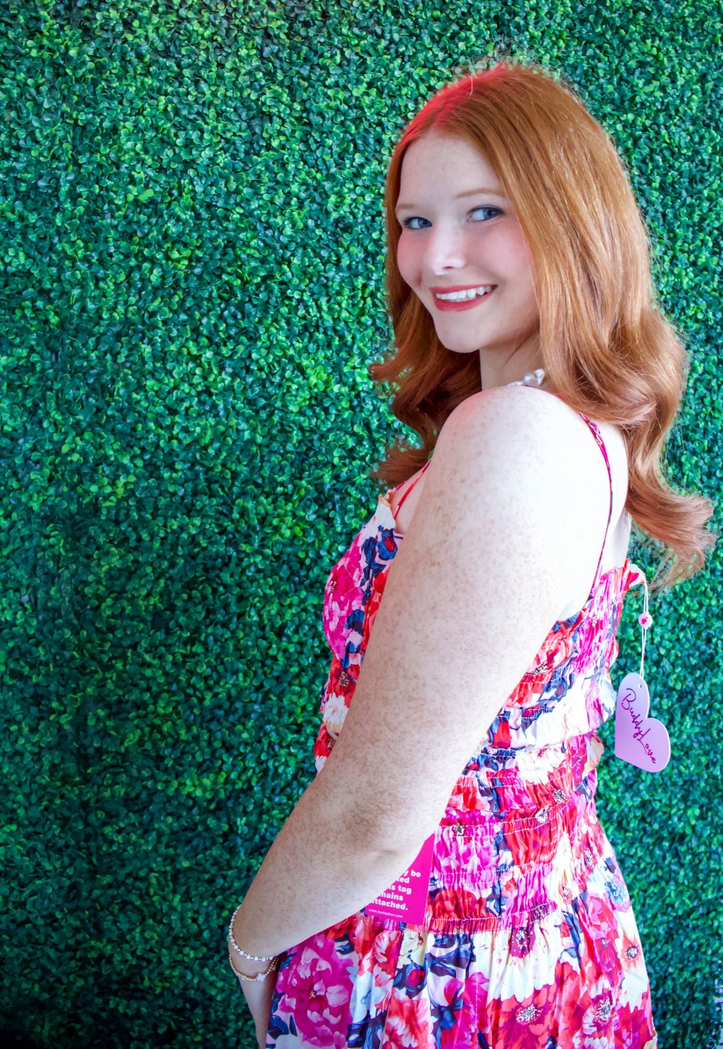 Close-up view of the Tamra Jubilee Top by Buddy Love, showcasing the fully smocked details and adjustable straps in this chic maxi skirt set.