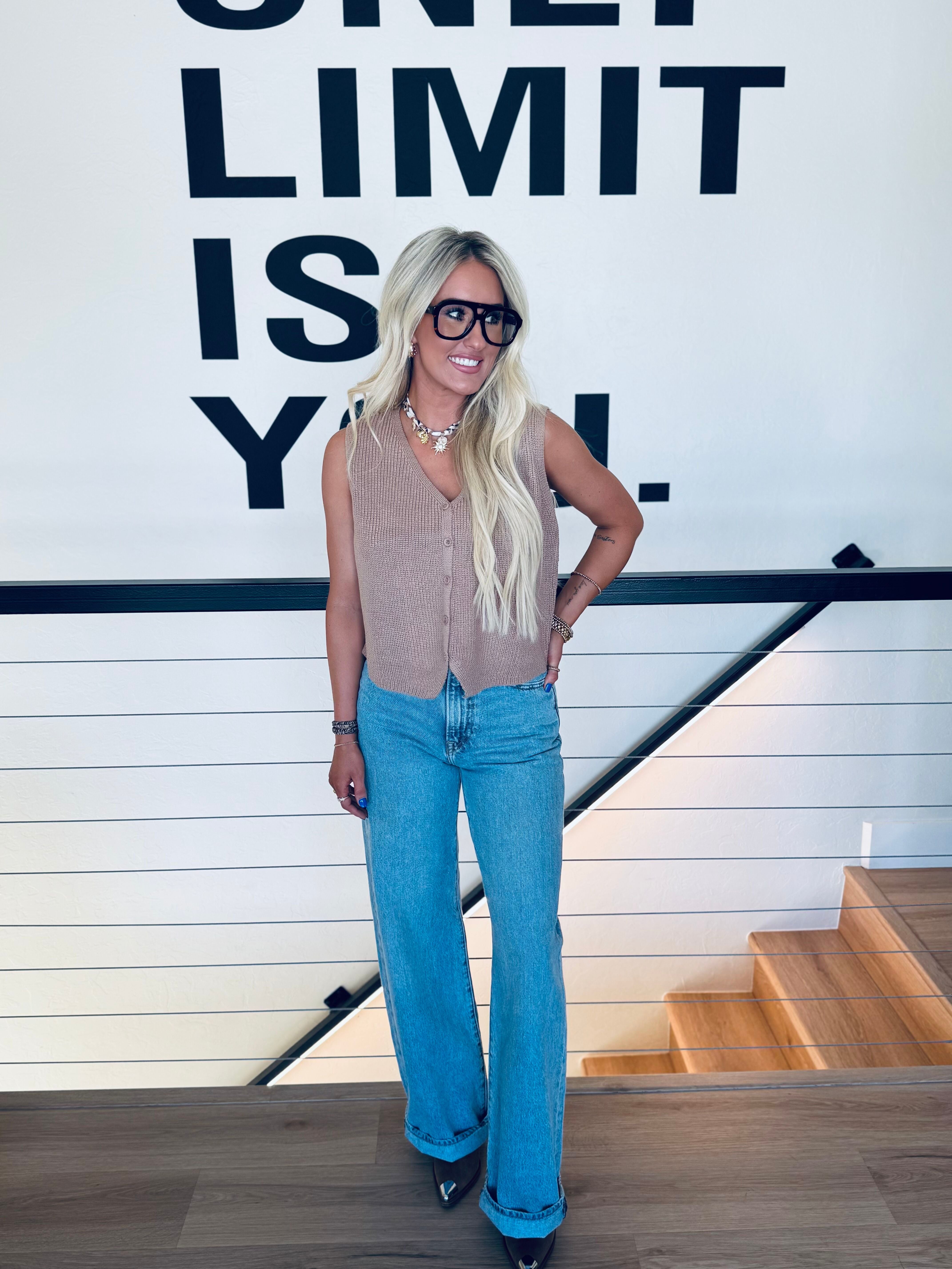 V-NECK SLEEVELESS TAUPE SWEATER VEST TOP - Tops