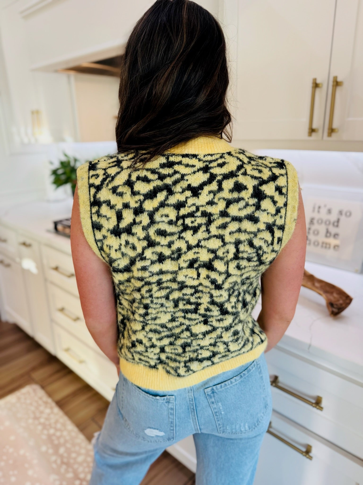 YELLOW & BLACK LEOPARD BUTTON DOWN SWEATER VEST - Tops
