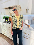 YELLOW & BLACK LEOPARD BUTTON DOWN SWEATER VEST - Tops